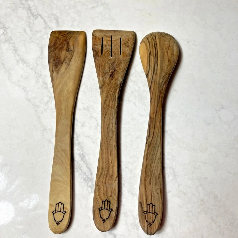 Mediterranean Olive Wood 3-Piece Handmade Cooking & Serving Utensils